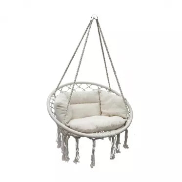 Pakabinamas apvalus hamakas su atlošu ir pagalvėlėmis, 80 x 108 cm (baltas)